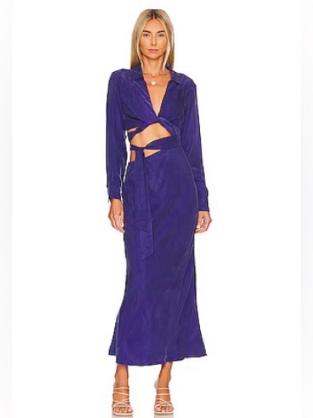 Twist-Front Cutout Long Sleeve Maxi Dress in Midnight Blue